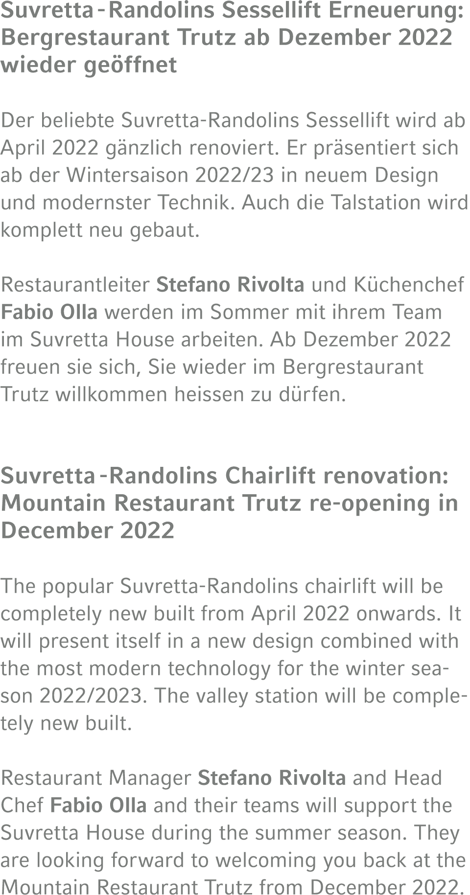 Suvretta -Randolins Sessellift Erneuerung: Bergrestaurant Trutz ab Dezember 2022 wieder geöffnet   Der beliebte Suvre   